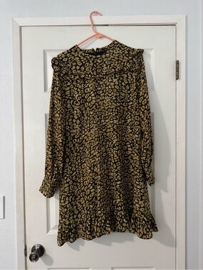 Who What Wear Leopard Print Ruffle Hem Long Sleeve Dress - Mustard/Black